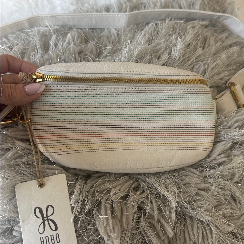 HOBO Cream Leather Crossbody Belt Bag with Subtle Multi-Color Stripe - Picture 2 of 7